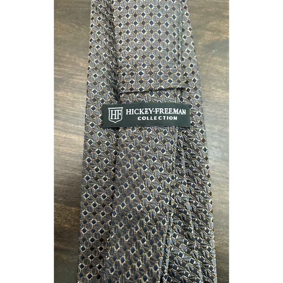 Hickey Freeman Gold Brown Geometric Pattern Silk Tie Hand Made In Italy - Picture 3 of 6